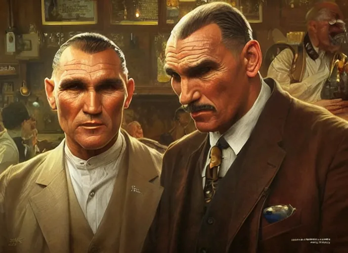 Image similar to vinnie jones and ghandhi and einstein in a pub, real life skin, intricate, elegant, highly detailed, artstation, concept art, smooth, sharp focus, art by artgerm and greg rutkowski and alphonse mucha