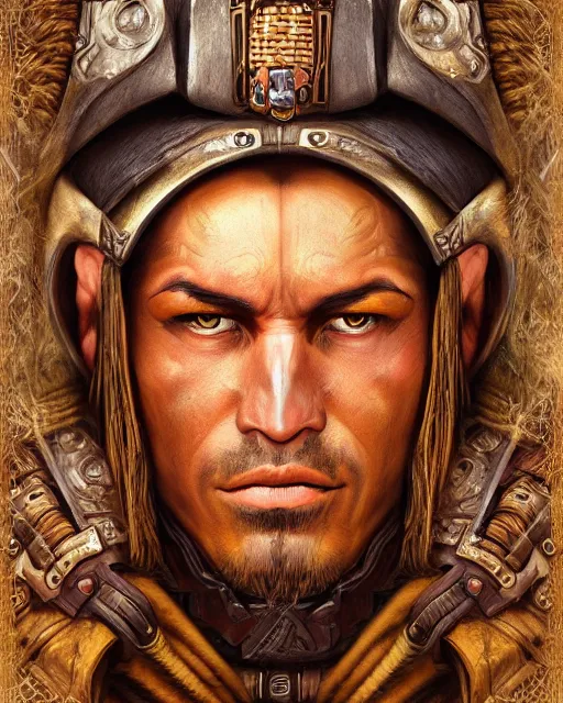 Prompt: digital painting of incan warrior, by filipe pagliuso and justin gerard, symmetric, fantasy, highly detailed, realistic, intricate, portrait, sharp focus, tarot card, face, handsome, peruvian