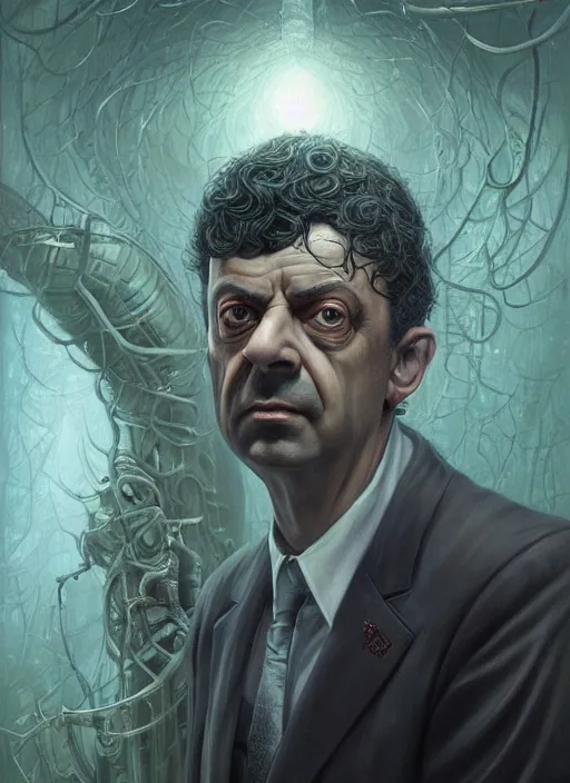 Image similar to lovecraft biopunk portrait of rowan sebastian atkinson by tomasz alen kopera and peter mohrbacher