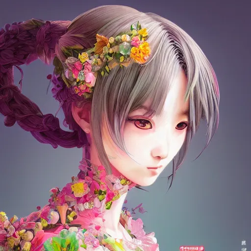 Prompt: the portrait of an absurdly beautiful, graceful, elegant, young japanese anime girl made of strawberries and green petals, an ultrafine hyperdetailed illustration by kim jung gi, irakli nadar, intricate linework, bright colors, octopath traveler, final fantasy, angular, unreal engine 5 highly rendered, global illumination, radiant light, detailed and intricate environment