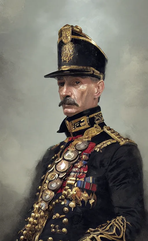 Prompt: portrait of a victorian general wearing ceremonial uniform, male, detailed face, victorian, highly detailed, cinematic lighting, digital art painting by greg rutkowski