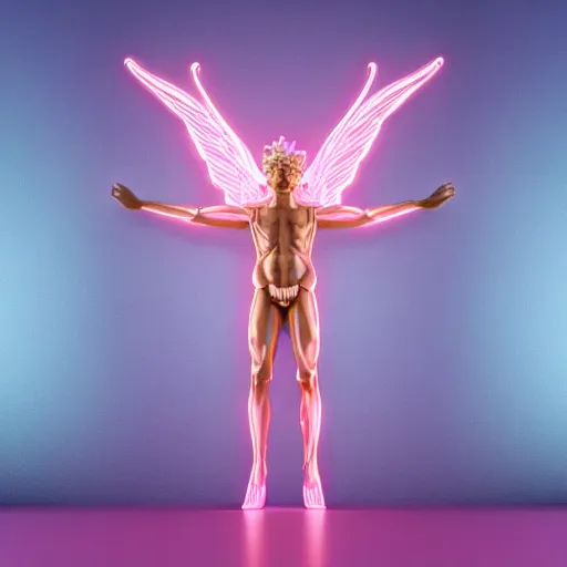 Image similar to photo of fullbody rococo and synthwave delicate neon pink sculpture of a hulking herculean muscular onyx albino marble jesus christ as an iridescent humanoid deity, angelic halo, wings, crown of thorns, cinematic lighting, photorealistic, octane render, 8 k, depth of field, 3 d