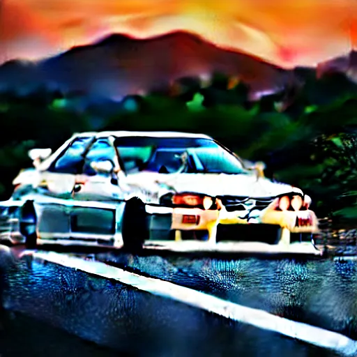 Image similar to a car drifting Toyota JZX100 in middle of road, gunma prefecture, city sunset, cinematic color, photorealistic, highly detailed, bokeh