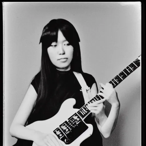 Image similar to a black and white polaroid of a female japanese musician playing an electric guitar, 1 9 7 0 s