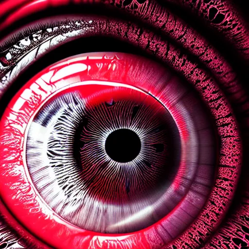 Image similar to a detailed extremely close up of inside the iris, cornea, red image, microscopic, extremely close up drawing by junji ito, cgsociety, generative art, lovecraftian, parallax, cosmic horror, extremely detailed, hyperrealism, unreal engine, octane render, award winning, masterpiece, highly detailed, realistic, 4 k, digital