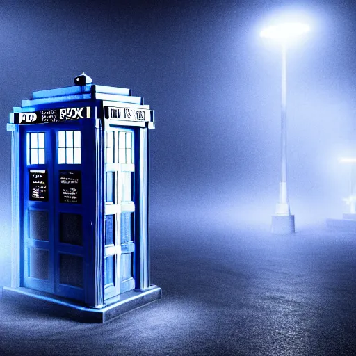 Image similar to a hyperdetailed photograph of the tardis sat on a futuristic street corner, night, dense fog, rain, hd, 8 k resolution