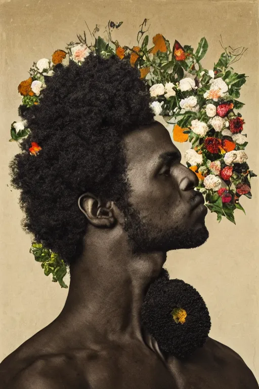 Image similar to a black young man's face in profile, no beard, long curly hair made of flowers and fruit, in the style of the Dutch masters and Alec Soth, dark and moody