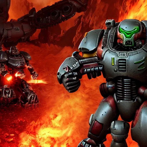 Prompt: Doom Guy vs Space Marine, HD, award winning, 8K cinematic, destruction, asymmetric ground, final battle, complex details, sharp focus, close up