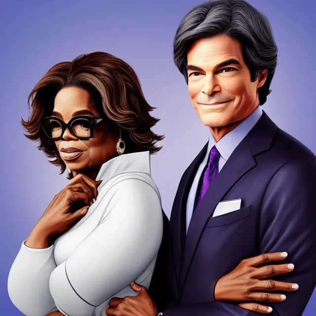 Prompt: oprah with her arm around dr. oz's neck, putting dr. oz in a headlock by artgerm, trending on artstation. no text, no logo