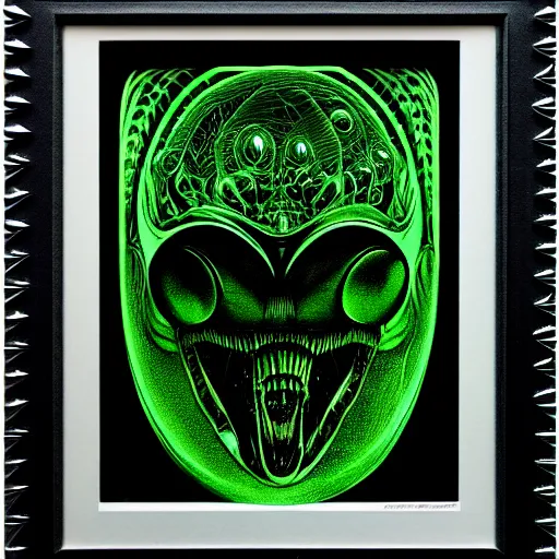 Image similar to portrait top light, by killian eng and joe fenton and h r giger, inspired by alien movie 1 9 7 9, green duotone print, etching, fine, sharp high detail,