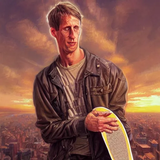 Image similar to clear portrait of tony hawk holding a skateboard, golden hour background, cottagecore!!, hyper detailed, character concept, full body, dynamic pose, intricate, elegant, highly detailed, digital painting, artstation, concept art, smooth, sharp focus, illustration, art by artgerm and greg rutkowski and alphonse mucha