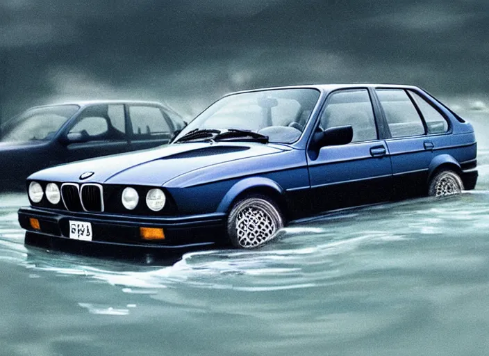 Image similar to “BMW e30 driving through an underwater city, photo taken from a long shot, matter painting, iridescent small fish” H 896