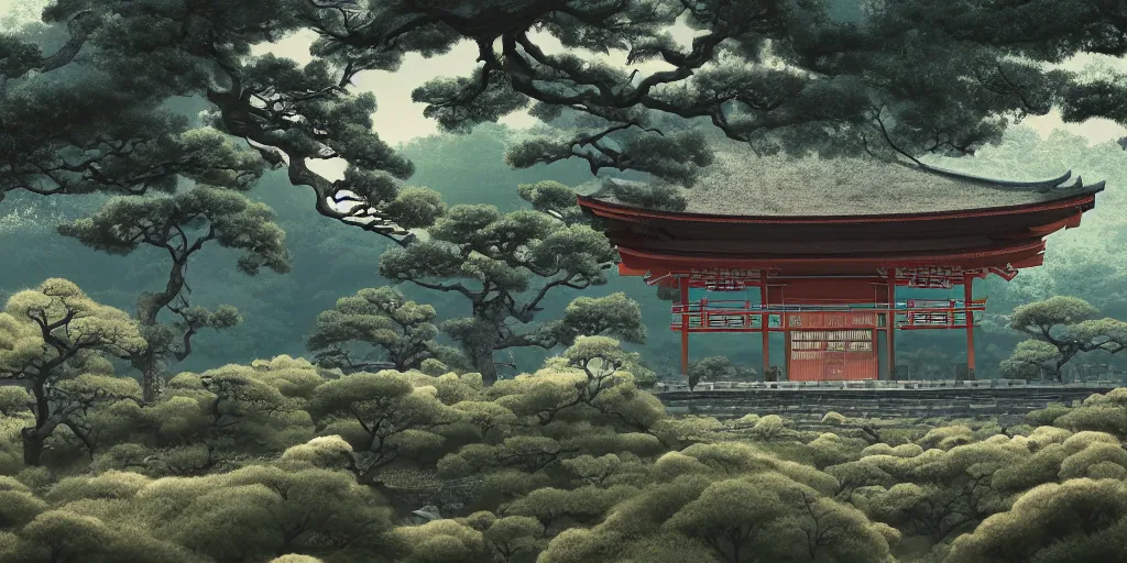 Image similar to digital painting of old japanese landscape with pagoda, curved trees and rocks, detailed, high quality, trending on artstation, 8 k, award winning