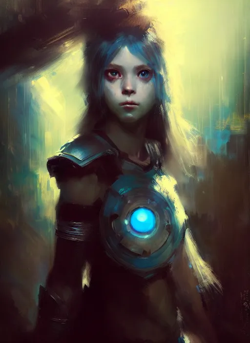 Prompt: portrait of a girl wearing light armor, fantasy, large anime eyes, cyan hair, cinematic lighting, by jeremy mann