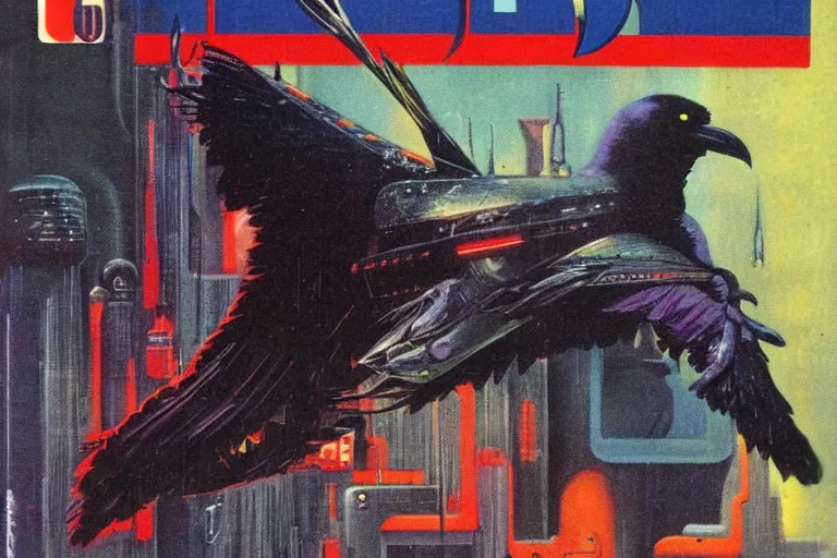 Prompt: 1979 OMNI Magazine Cover of a humanoid raven rogue. in cyberpunk style by Vincent Di Fate