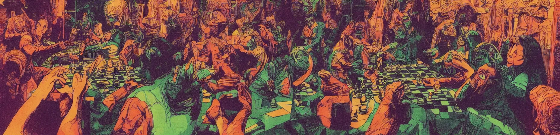 Image similar to chess tournament, psychedelic grainshading print, moebius, richard corben, wayne barlowe, galactic light colors