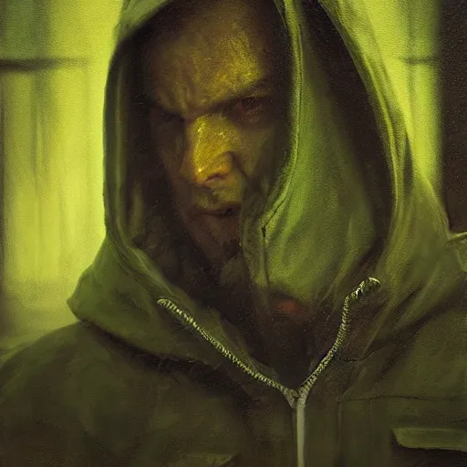 Image similar to portrait of a lost chad programmer with green hood by jeremy mann, dramatic lighting, close up