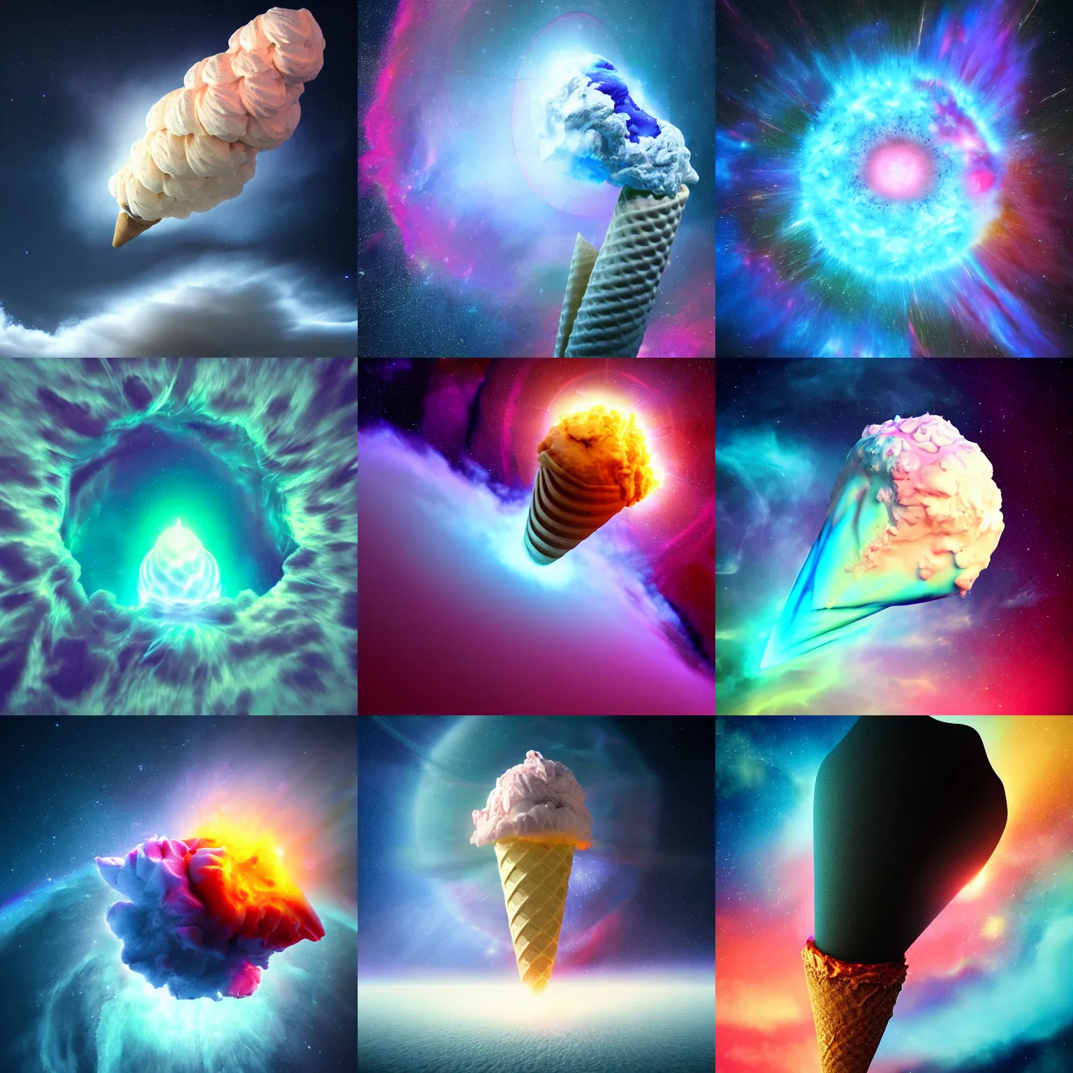 Prompt: dramatic render of a cosmic ice cream cone floating in a beautiful nebulous dreamscape, radiating with a supernova of flavors, cgsociety, artstation, 4 k