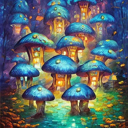 Prompt: blue glowing mushroom houses in a forest village, mushroom architecture, art by ricardo bofill, james christensen, rob gonsalves, paul lehr, leonid afremov and tim white