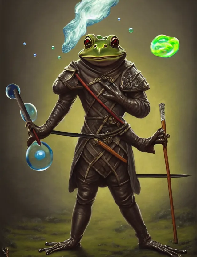 Image similar to anthropomorphic bipedal frog that is dressed as a medieval fighter, and wielding a club weapon, as a matte oil painting and d & d character art, by alex grey, standing, fullbody, floating bubbles, fog, mystic, concept art, award - winning, extremely detailed, sharp focus