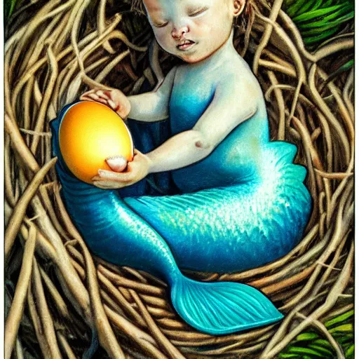 Prompt: baby mermaid next to a cracked egg in a nest, realistic, high detailed, fantasy art