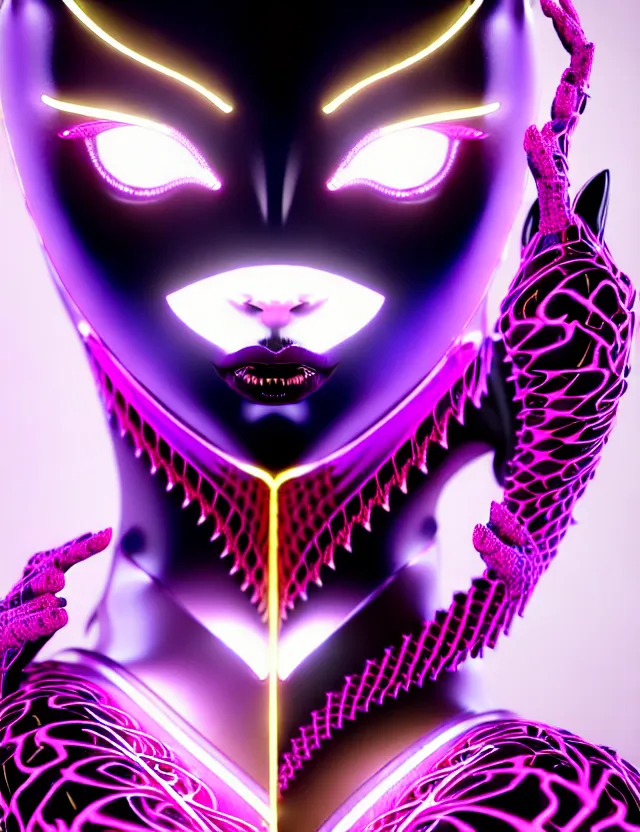 Prompt: complex 3 d render of a beautiful porcelain dark robot - cat woman with glowing reptile neon eyes magenta gold and white games and diamond skin, fractal veins, fractal hair, 1 5 0 mm, beautiful natural soft light, rim light, gold fractal details, fine lace, mandelbot fractal anatomical, glass, facial muscles, elegant, ultra detailed, metallic armor, octane render