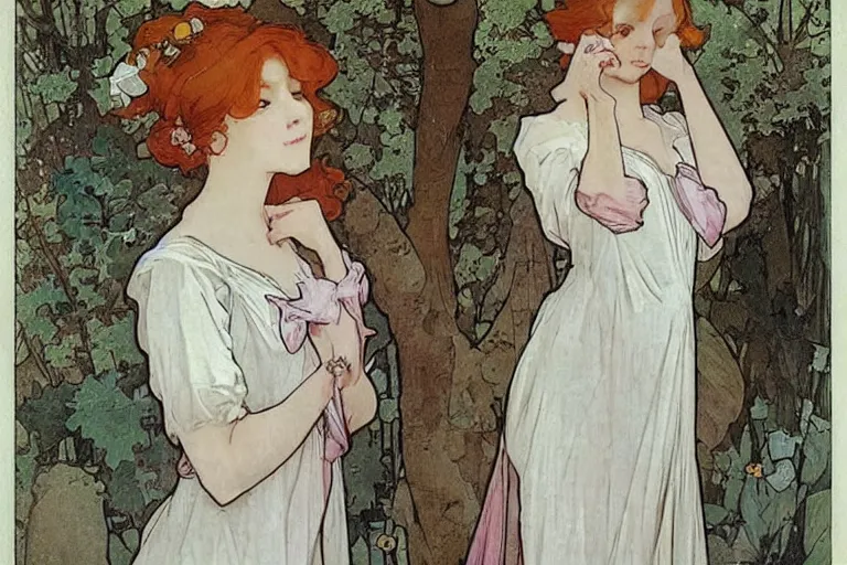 Prompt: beautiful ample redhead in a nightgown with a bow around her waist, mucha