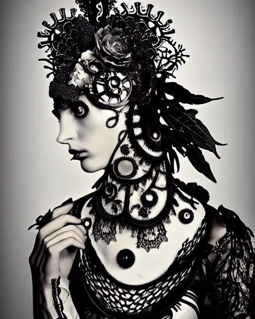 Image similar to surreal dark poetic black and white photo portrait of complex bio-mechanical beautiful young silver female vegetal-cyborg with a Mandelbrot fractal steampunk metal fine lace face, a very long neck and a fine metal floral foliage super big lace collar by Vivienne Westwood:: smoke, high fashion, haute couture, rococo, steampunk, avant-garde, silver filigree details, anatomical, facial muscles, cable wires, microchip, elegant, dreamy, foggy atmosphere, hyper realistic, 150 mm lens, soft rim light, octane render, unreal engine, picture was taken in 1910 by Man Ray, volumetric lighting, dramatic light,8k,