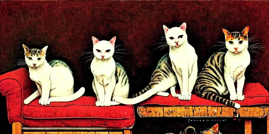 Prompt: two cats on an old armchair, style of norman rockwell