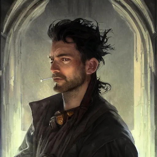 Image similar to closeup portrait of an artificer, male, dark hair, wizard, serious face, dungeons and dragons character, dramatic lighting, castle background, gorgeous view, realistic, high detail, digital art, painted by greg rutkowski, painted by jeremy mann, painted by alphonse mucha, trending on artstation