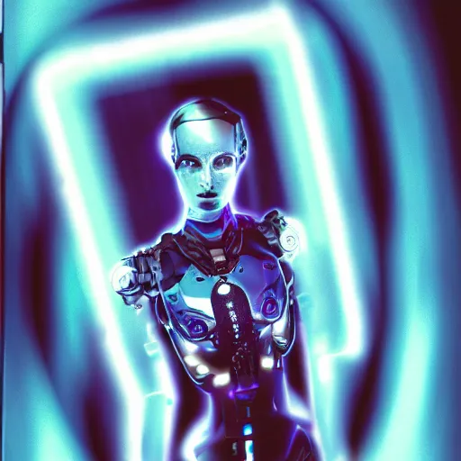 Image similar to cyber - polaroid of a female cyborg, ethereal, vortex