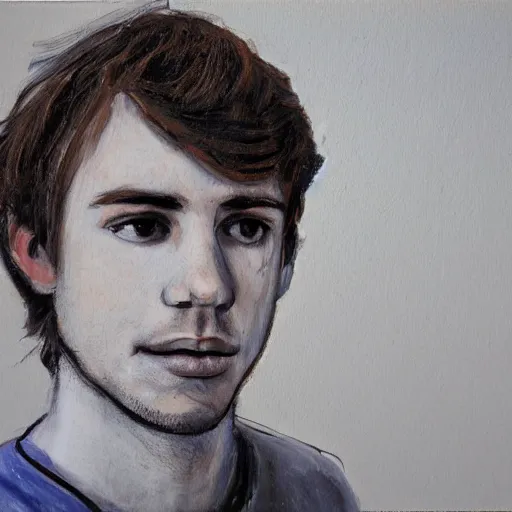 Prompt: a head - on portrait of a 2 0 - something engineering student, brown messy hair, by laurie greasly