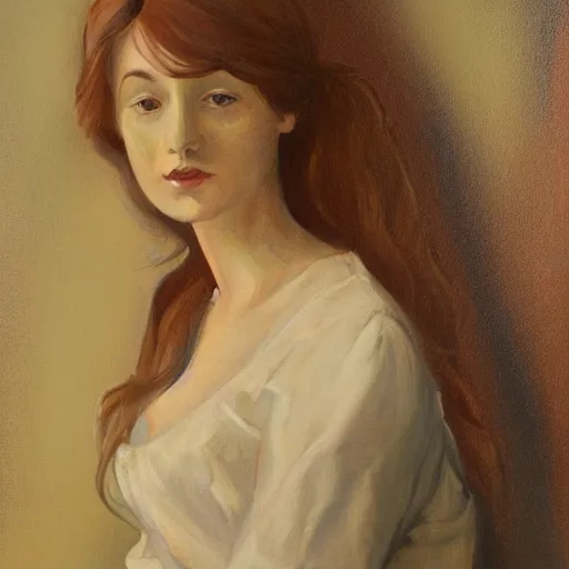 Image similar to a painting of a woman sitting on a chair, a character portrait by lydia field emmet, behance contest winner, figurative art, pre - raphaelite, studio portrait, photoillustration