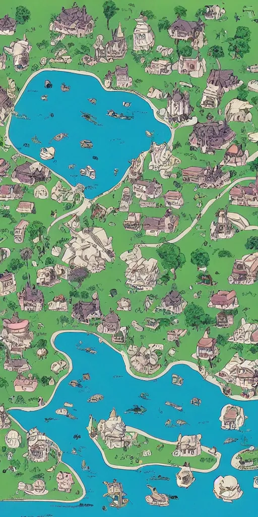 Image similar to a map of latent space in the style of studio ghibli