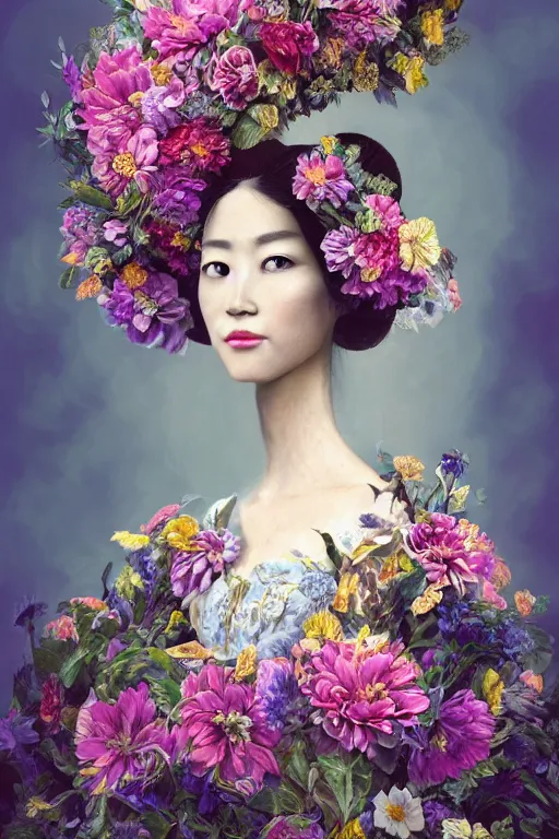 Image similar to a beautiful portrait of an empress in her garden, with a brilliant, impossible striking big flower headpiece, clothes entirely made out of flowers, symmetrical, closeup, dramatic studio lighting, rococo, baroque, jewels, asian, hyperrealism, D&D, fantasy, intricate, elegant, highly detailed, digital painting, artstation, octane render, 8k, concept art, matte, sharp focus, illustration, art by Artgerm and Greg Rutkowski and Alphonse Mucha