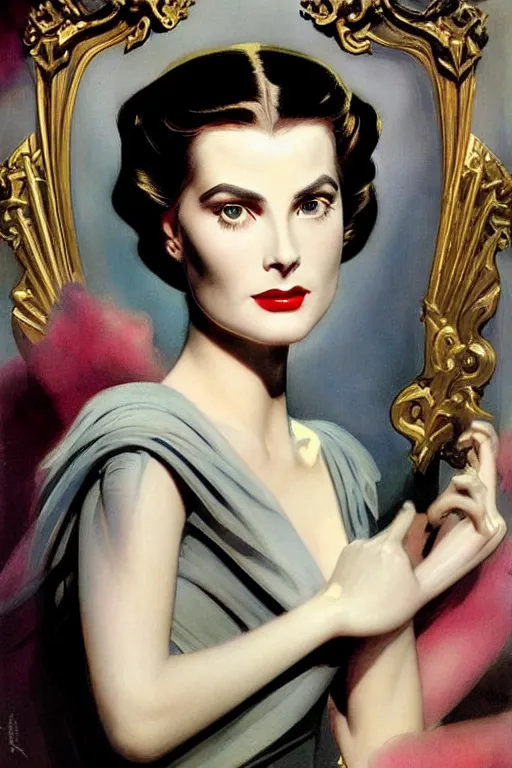 Image similar to beautiful evil cyborg grace kelly by steichen in the style of a modern tom bagshaw, alphonse muca, victor horta, gaston bussiere. anatomically correct. extremely lush detail. masterpiece. melancholic scene infected by night. perfect composition and lighting. sharp focus. high contrast lush surrealistic photorealism. sultry expression.