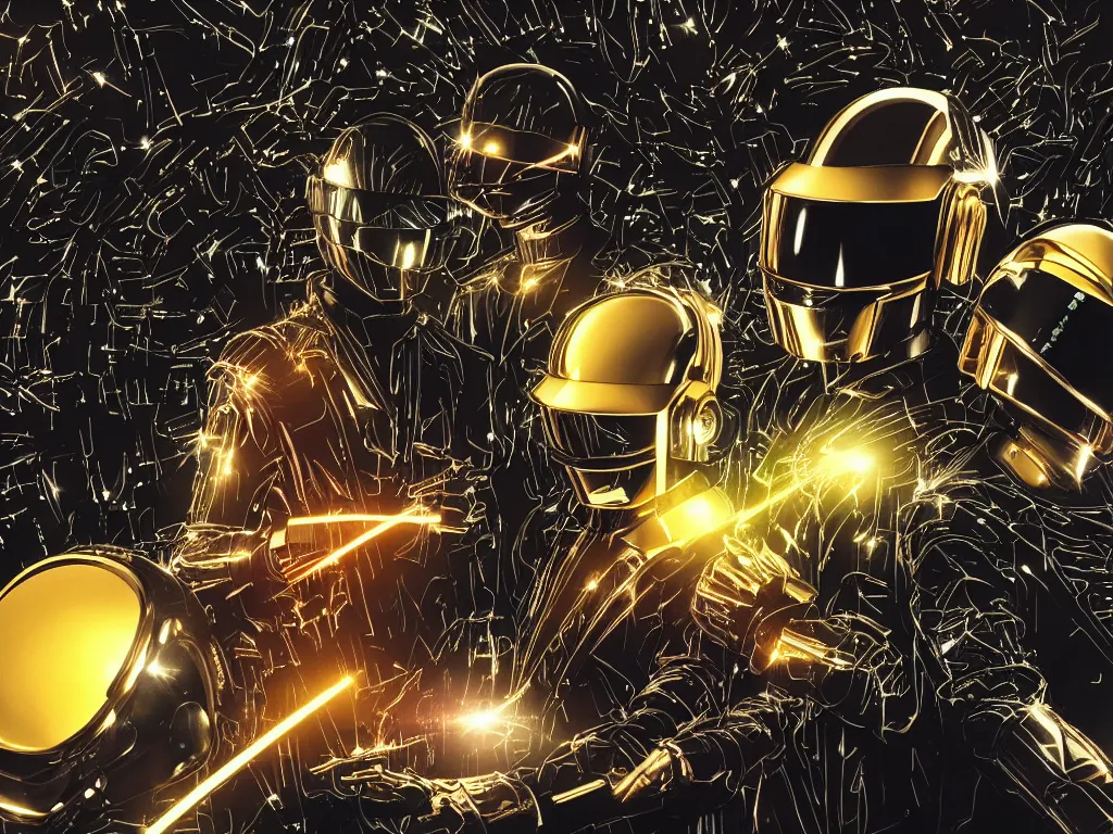 Prompt: a cinematic photo real depiction of daft punk as roland tb-303 self replicating robot shogon samurai ,hyper detail wrapping bio-mech fiber optic cables with particles and machine parts, Beautiful metallic glowing tech volumetric lighting, cgsociety, artstation, wideangle fisheye lens, dof:-1