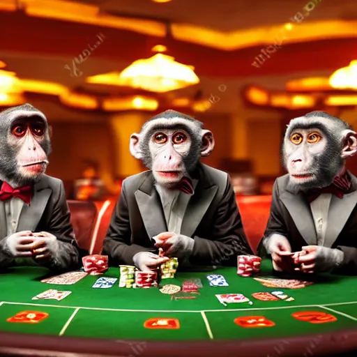 Image similar to a group of monkey's at a casino playing poker, Hyper Realism, realistic, cinematic lighting, ambient lights,