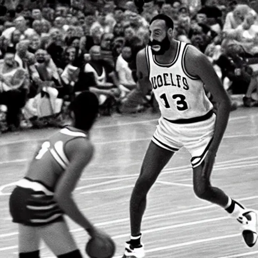 Image similar to candid shot of Wilt Chamberlain playing basketball with Looney Toons characters in Space Jam