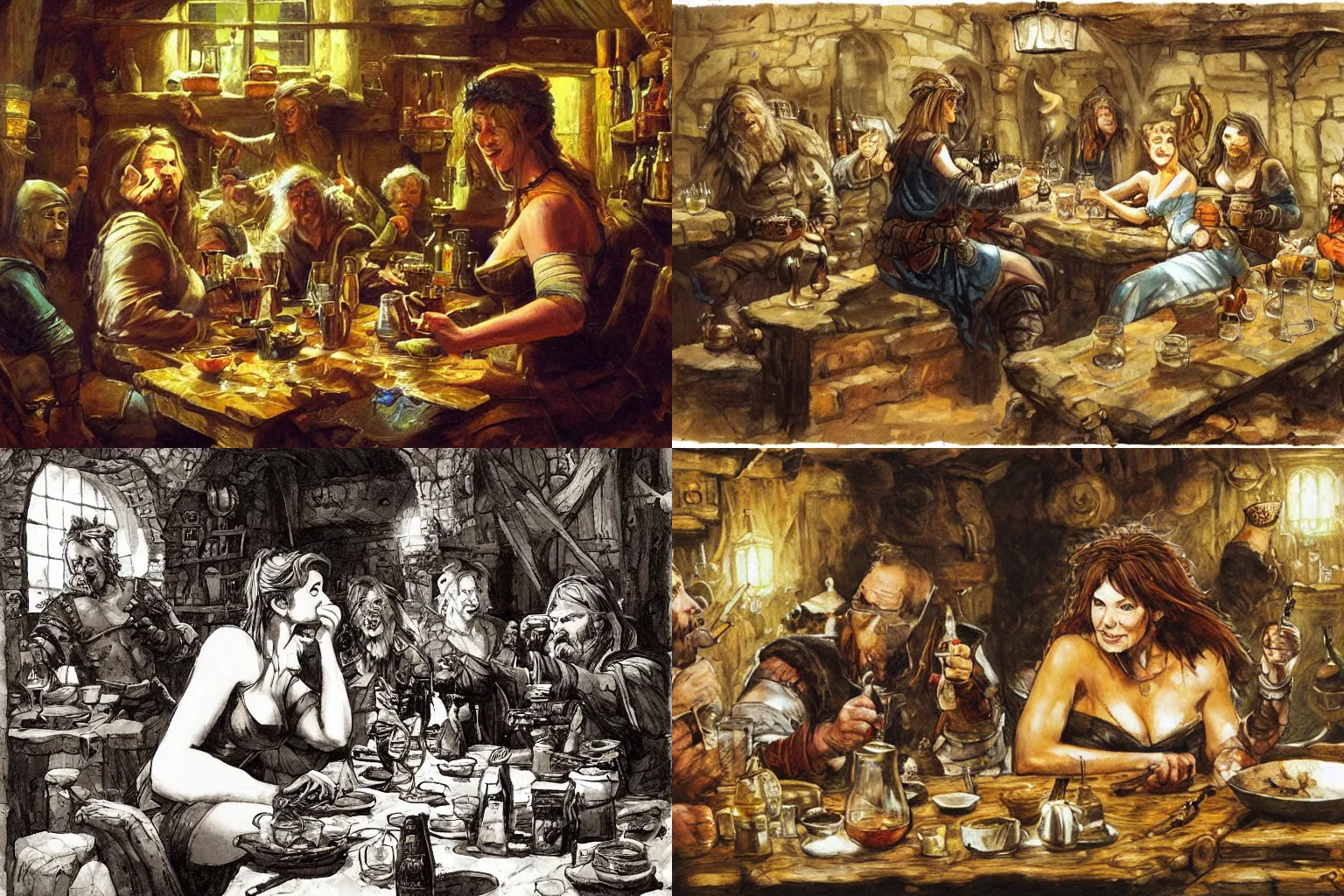 Prompt: a warm tavern with an adventuring woman drinking mead at a table, by simon bisley
