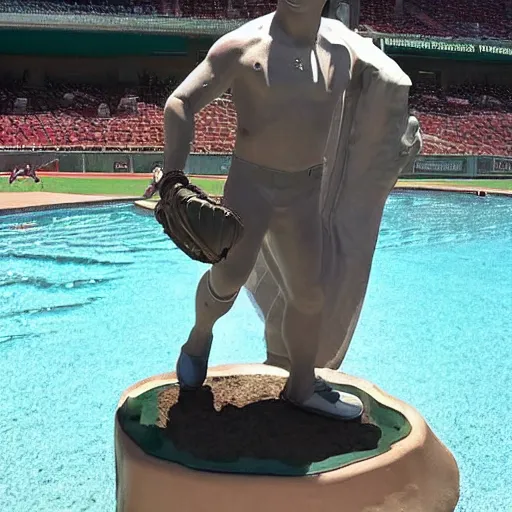 Image similar to “a realistic detailed photo of a guy who is named Mike Trout a baseball player, frozen like a statue, with shiny skin, by a pool, on display”