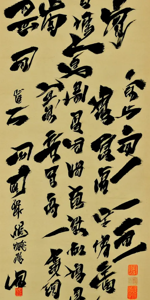 Prompt: a scroll of Chinese calligraphy presenting the characters of 正, 大, 光, 明 by Wang Xizhi, black and yellow scheme