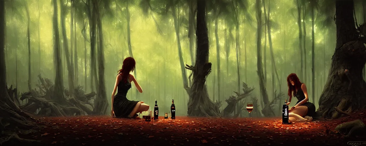 Prompt: girl drink jack daniels in forest, detailed digital art by greg rutkowski.