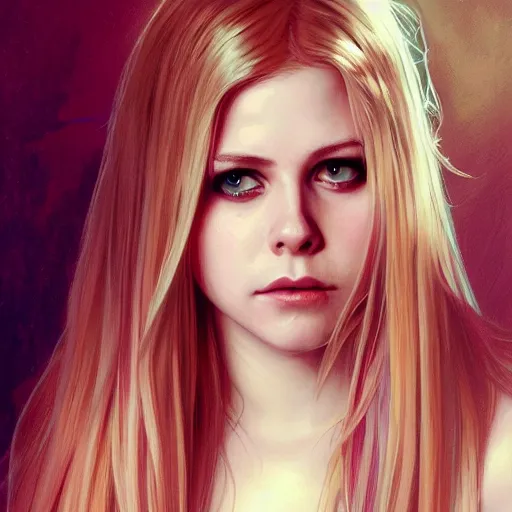 Image similar to portrait of Avril Lavigne, looking at camera, D&D, intricate, elegant, stylish, serious expression, fantasy, extremely detailed, digital painting, artstation, concept art, smooth, sharp focus, illustration, stunning lighting, art by artgerm and greg rutkowski and alphonse mucha and simon stalenhag.