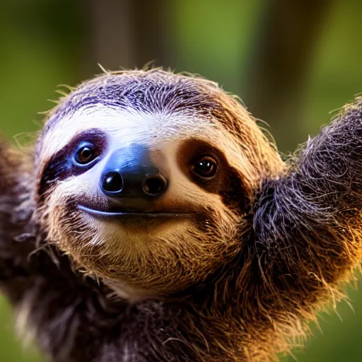 Prompt: baby cute sloth looking at the camera, most cute realistic animal in the world, best photo award, high quality 8 k, cinematic lighting