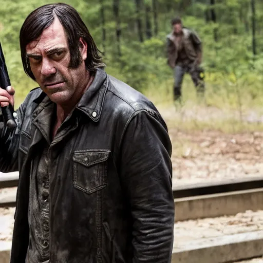 Image similar to cinematic still from the walking dead tv show with negan played by anton chigurh, anton is smiling and holding baseball bat, dark