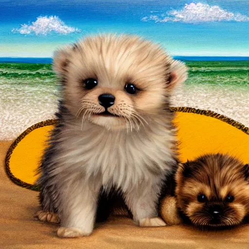 Image similar to cute fluffy hybrid animal cross between baby sea otter, kitten, and yorkshire terrier puppy sitting on a tropical beach landscape detailed painting 4 k