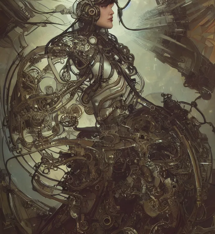 Image similar to digital artwork, illustration, cinematic camera, elegant biomechanical machinery, intricate machinery, biomechanics, the ghosts in the machine, cyberpunk concept art by artgerm and Alphonse Mucha and Greg Rutkowski, highly detailed, elegant, intricate, sci-fi, sharp focus, dramatic lighting, Trending on Artstation HQ, deviantart