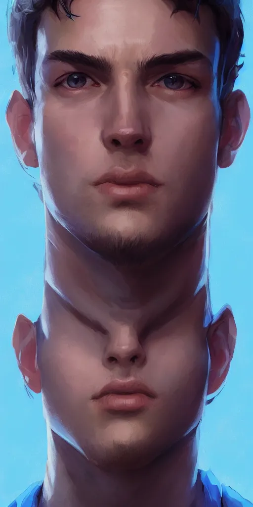 Prompt: handsome young man face, brown wavy hair, glowing blue eyes, portrait, by artgerm, by greg rutkowski, by noah bradley, digital avedon