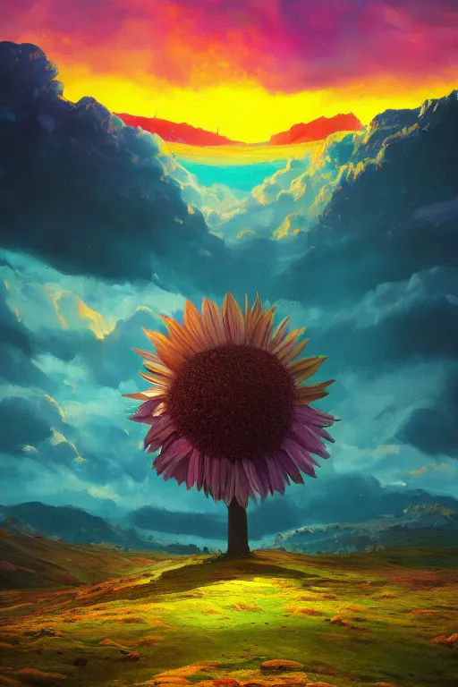 Image similar to giant daisy flower head, in the mountains, surreal photography, sunrise, dramatic light, impressionist painting, colorful clouds, digital painting, artstation, simon stalenhag